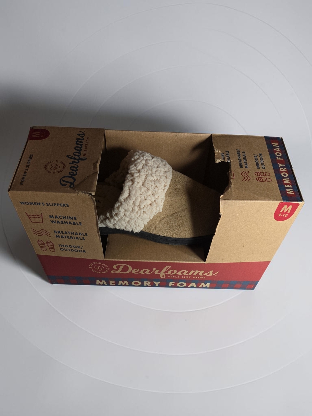 dearfoams Tan Slippers with Cream Sherpa Band - Memory Foam Comfort